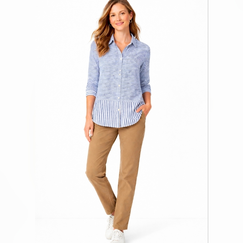 J. Jill Long Sleeve Blouse Blue White Stripe Ruffle Bottom, Size Large